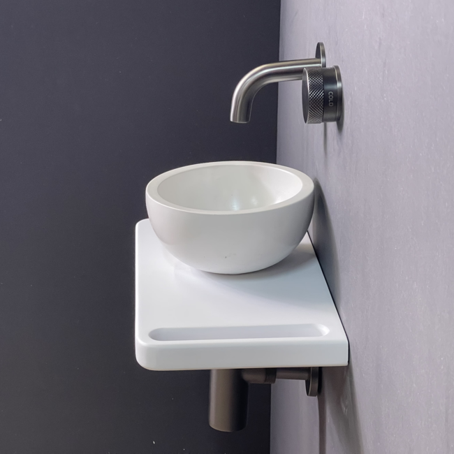 Como Fonteinset toilet Lecce solid surface veneerlaag wastafelplank met mini kom in mat wit.plank