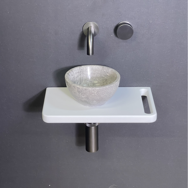 Como Fonteinset Lecce wit, solid surface veneerlaag houten plank met marmer waskom Tundra 20x10cm doorsnee