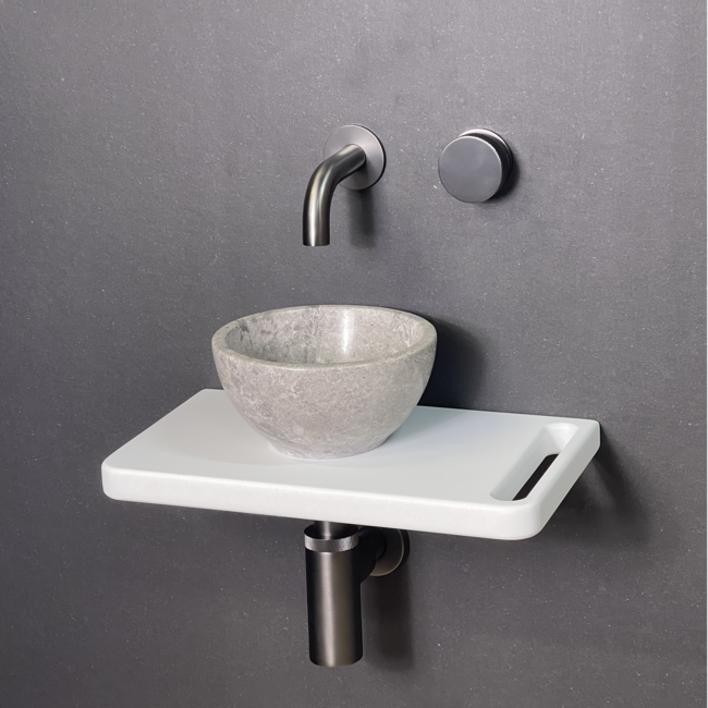 Como Fonteinset Lecce wit, solid surface veneerlaag houten plank met marmer waskom Tundra 20x10cm doorsnee