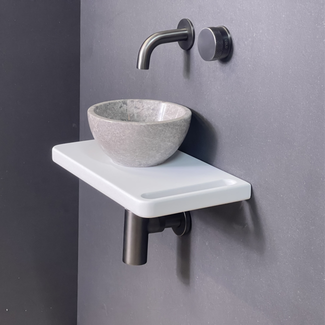 Como Fonteinset Lecce wit, solid surface veneerlaag houten plank met marmer waskom Tundra 20x10cm doorsnee