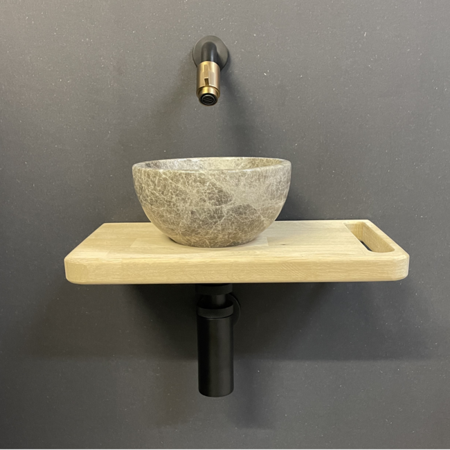 Como Fonteinset Lecce, mini waskom natuursteen met eiken hout plank