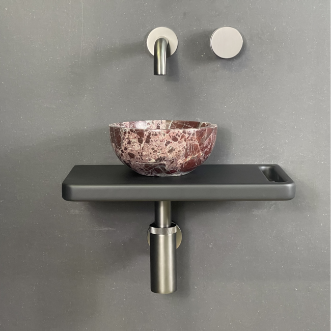 Como Zwarte fontein toilet Lecce, marmer mini waskom met zwart wastafelplank 42x22x2.7cm