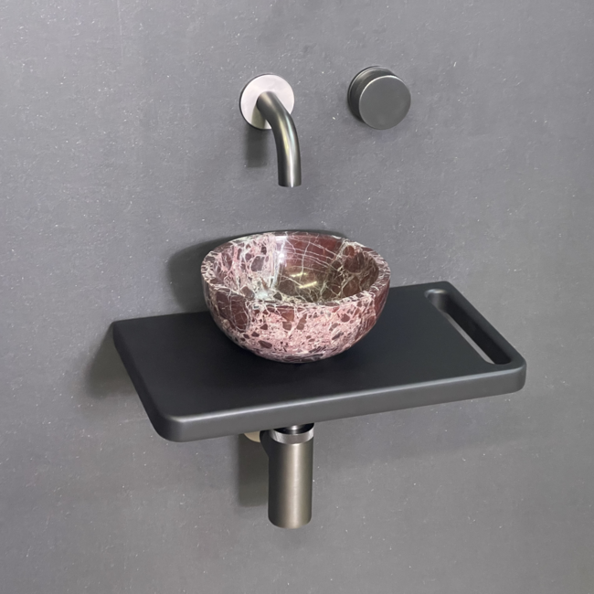 Como Zwarte fontein toilet Lecce, marmer mini waskom met zwart wastafelplank 42x22x2.7cm