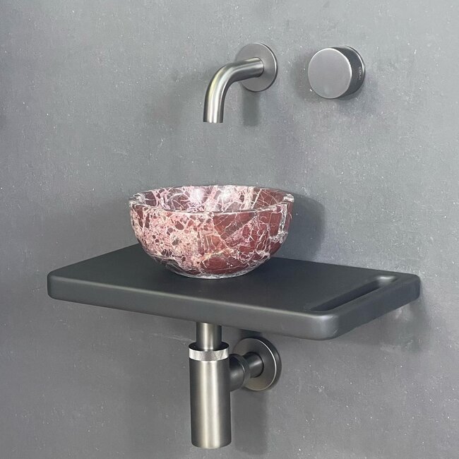 Como Zwarte fontein toilet Lecce, marmer mini waskom met zwart wastafelplank 42x22x2.7cm