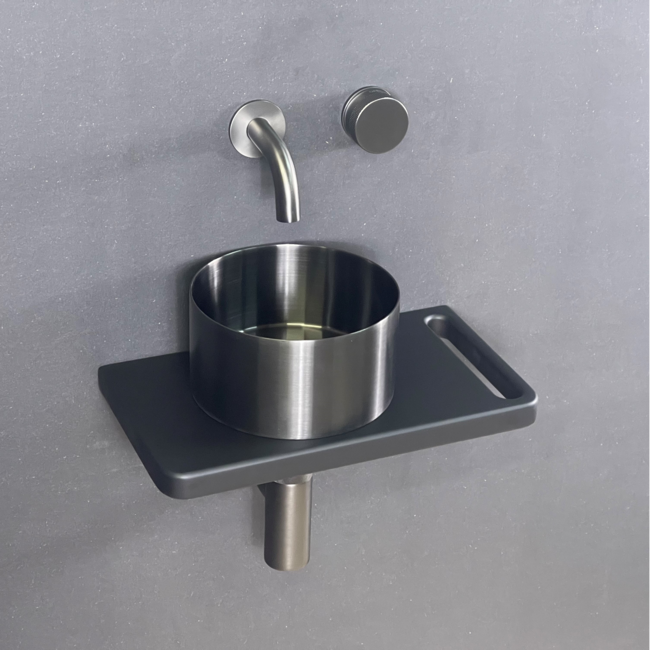 Como Fontein toilet zwart-Mood 60. Houten plank met gunmetal black mini kom