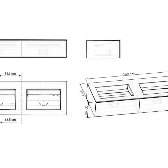 Como Emperio  Badkamermeubel 140cm met geïntegreerde wastafel