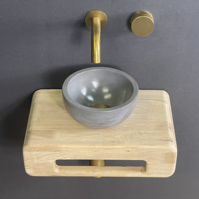 Como Fonteinset Mood 60 antraciet mini waskom toilet met houten plank 42x22x12cm & gouden kraan, sifon, clickwaste.