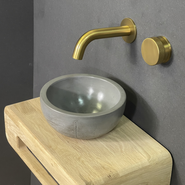 Como Fonteinset Mood 60 antraciet mini waskom toilet met houten plank 42x22x12cm & gouden kraan, sifon, clickwaste.