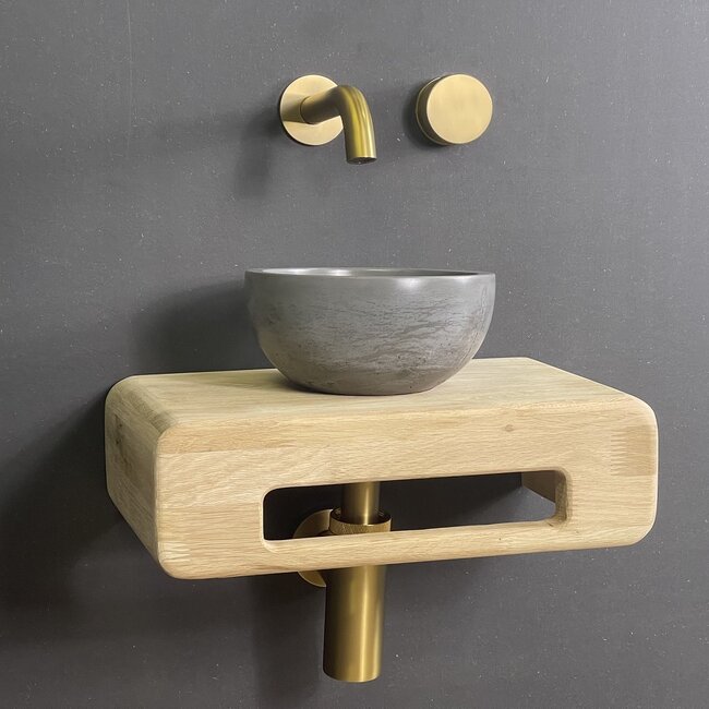 Como Fonteinset Mood 60 antraciet mini waskom toilet met houten plank 42x22x12cm & gouden kraan, sifon, clickwaste.