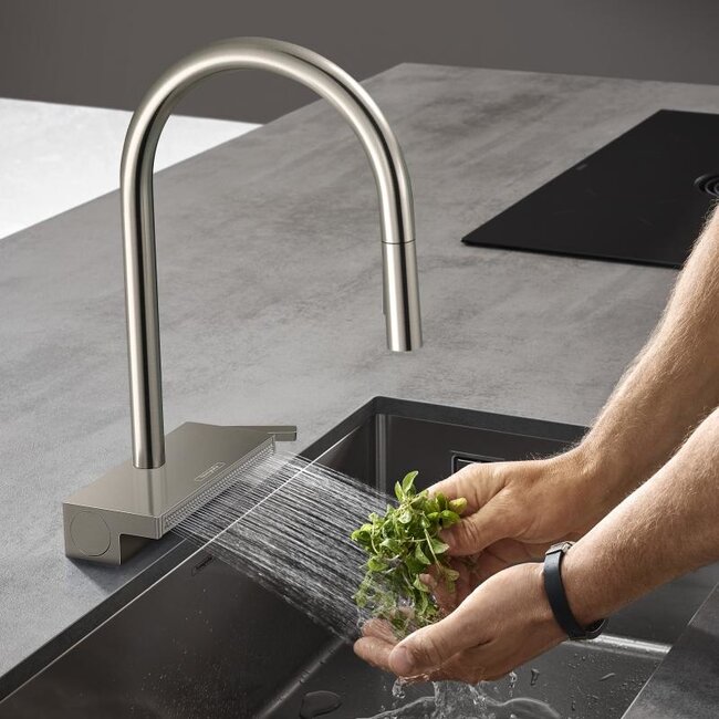 Hansgrohe Keukenkraan Aquno Select M81 RVS. Uittrekbare hoge uitloop met waterval
