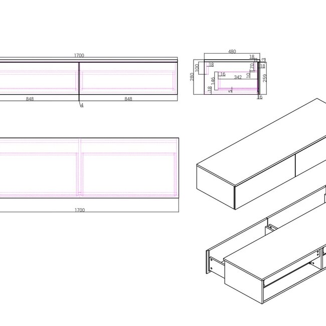 Como badkamermeubel 170cm mat wit