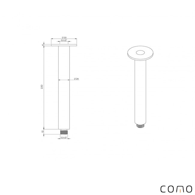 Como Mood 60 Douchearm plafond messing goud -10cm. Waterbesparend