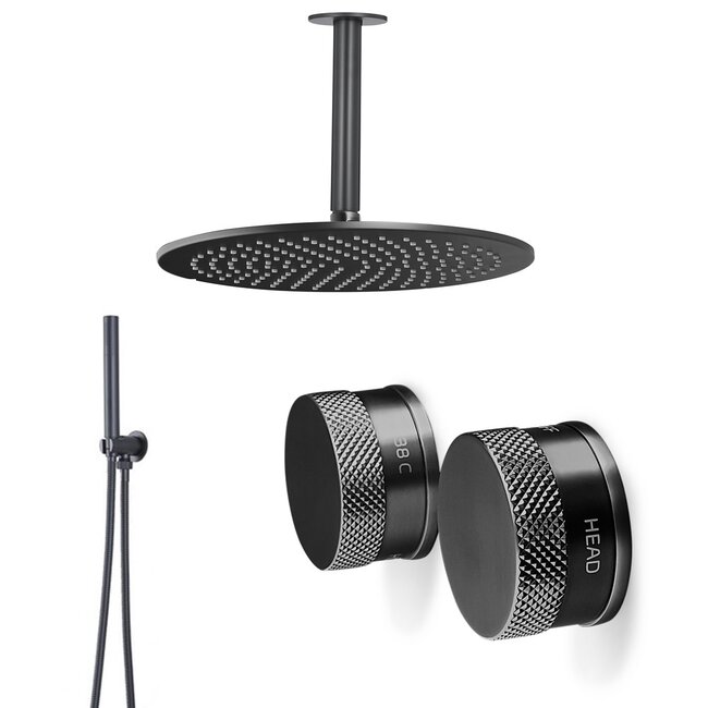 Como Zwarte doucheset Mood60 plafond, waterbesparend met 30cm hoofddouche
