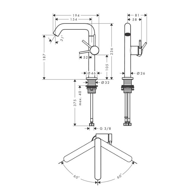 Hansgrohe Tecturis S 210 Fine CoolStart wastafelkraan verhoogd -Chroom