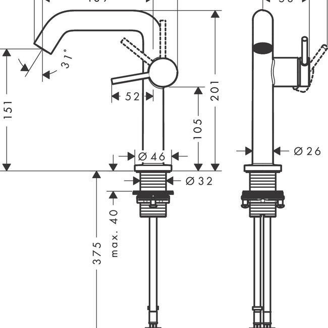 Hansgrohe Tecturis S  150 Fine CoolStart wastafelkraan verlaagd -matzwart