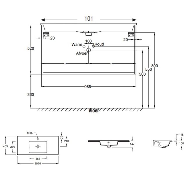 Tolbiac 100cm badkamermeubelset eiken met led spiegel