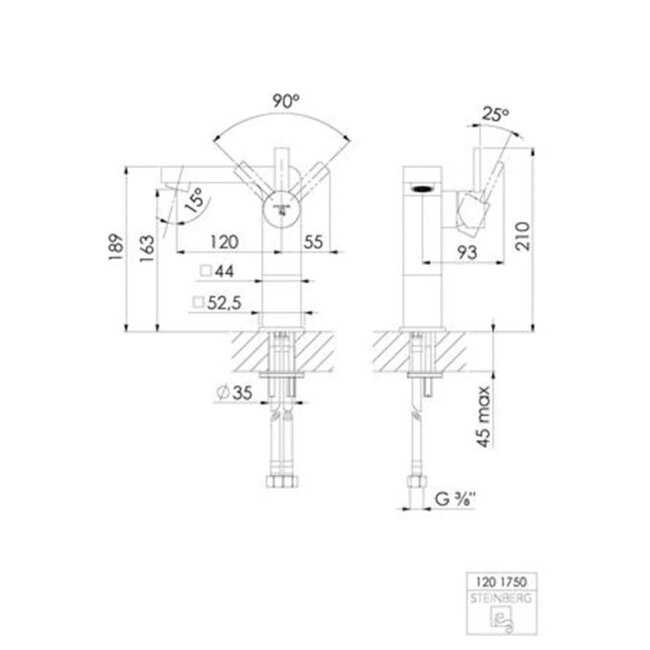 STEINBERG 120 wastafelkraan, eengreeps, 220mm hoogte