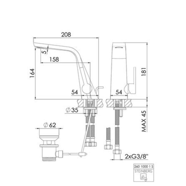 STEINBERG Steinberg 260 ééngreeps chroom wastafelmengkraan met keramisch binnenwerk - met clickwaste