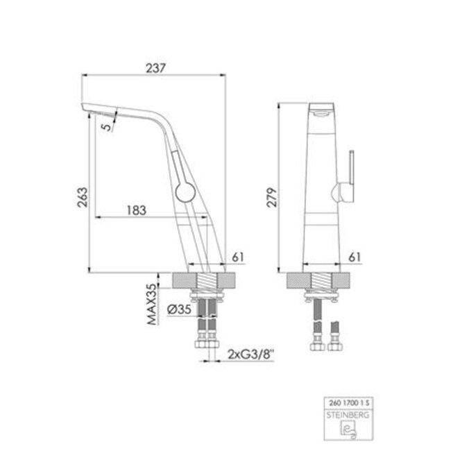 STEINBERG Steinberg 260 ééngreeps chroom wastafelmengkraan met keramisch binnenwerk - met slang
