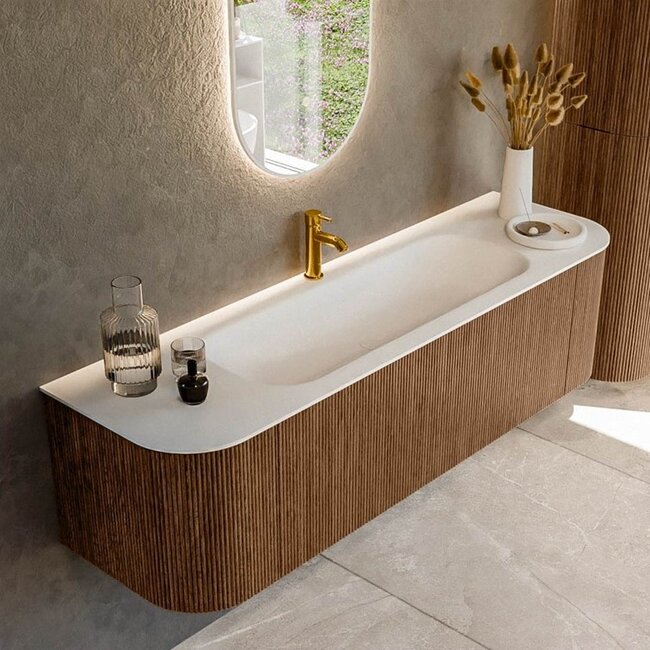 MONDIAZ KURVE badkamermeubel 160cm  ronding - walnut met wastafel Talc