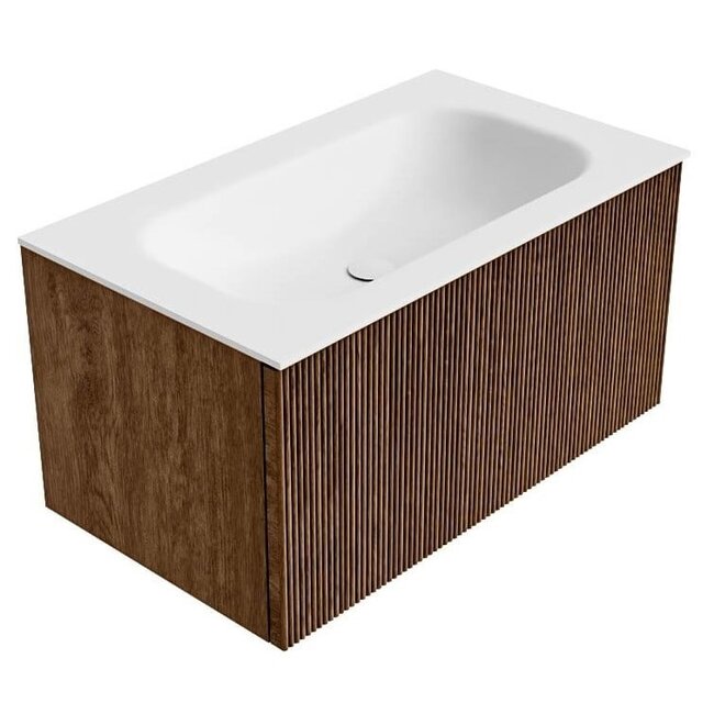 MONDIAZ KURVE massieve houden badkamermeubel 80cm walnoot met wastafel  - rechthoek