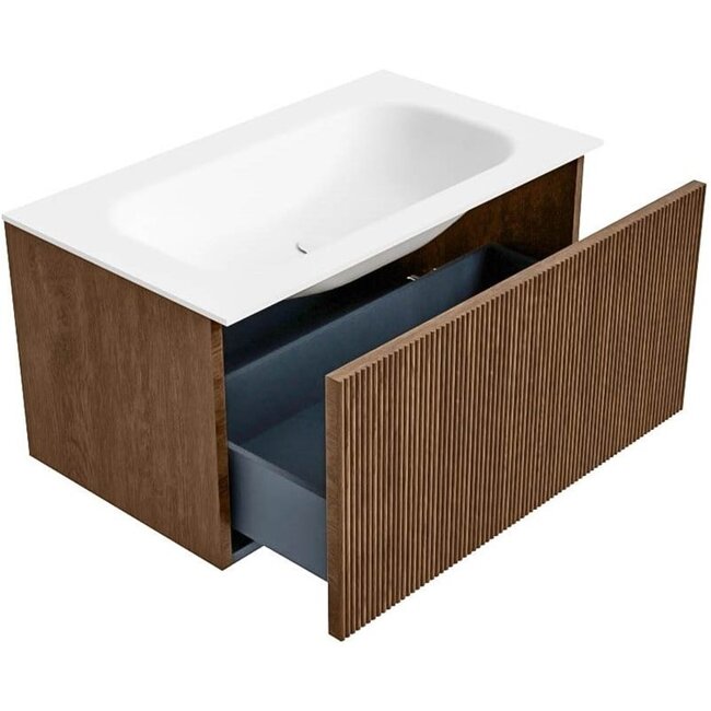 MONDIAZ KURVE massieve houden badkamermeubel 80cm walnoot met wastafel  - rechthoek