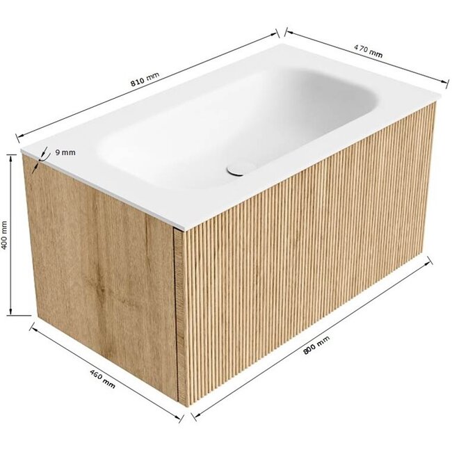 MONDIAZ KURVE massieve houden badkamermeubel 80cm walnoot met wastafel  - rechthoek