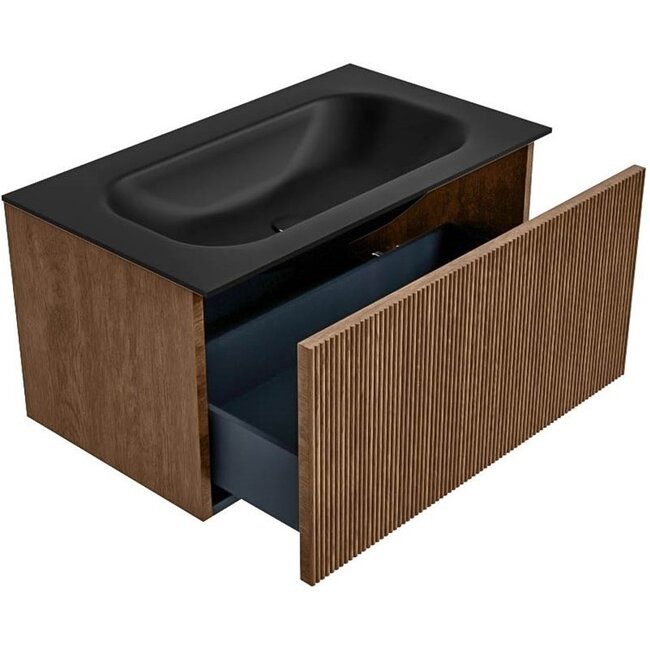 MONDIAZ KURVE massieve houden badkamermeubel 80cm walnoot met wastafel  - rechthoek