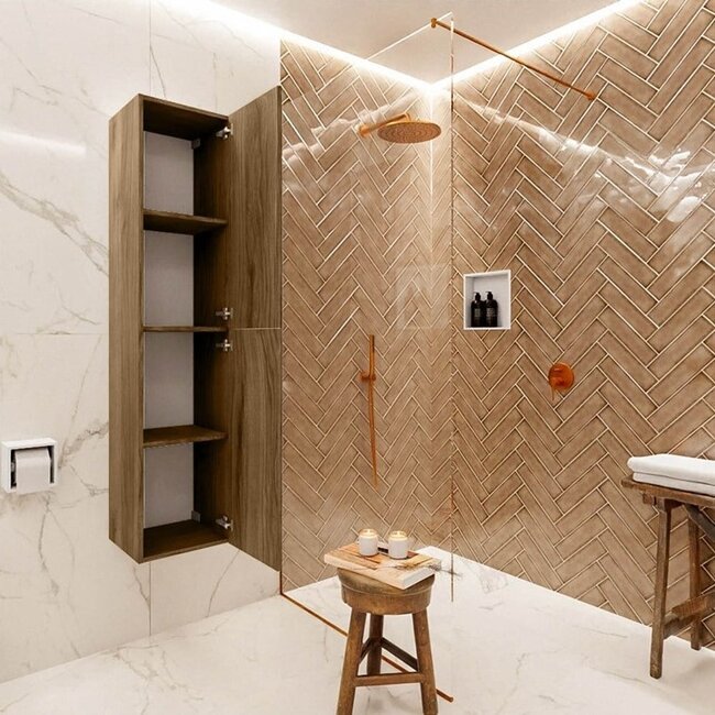 MONDIAZ Beam walnoot kleur kolomkast 160cm 2 push-to-open deuren hangend 160cm hoog