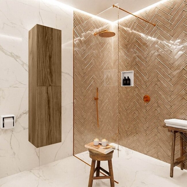 MONDIAZ Beam walnoot kleur kolomkast 160cm 2 push-to-open deuren hangend 160cm hoog