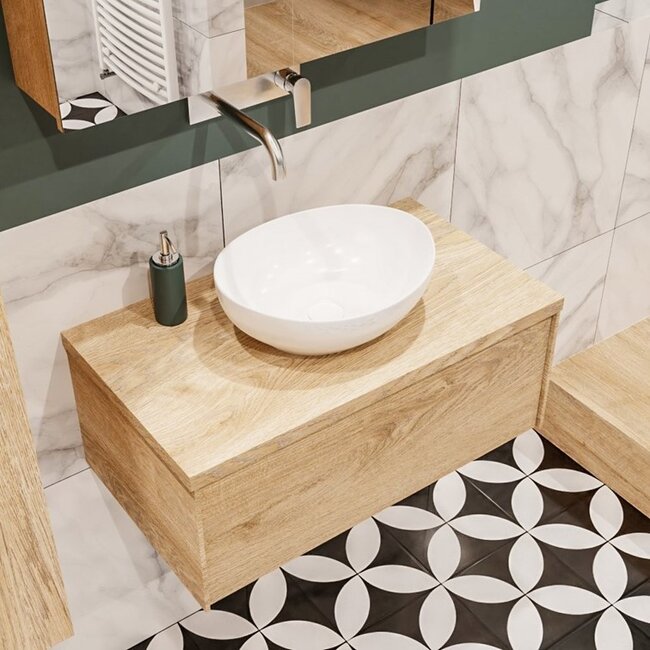 MONDIAZ Lush badkamermeubel 80cm eiken, 1 lade met waskom en kraangat optie