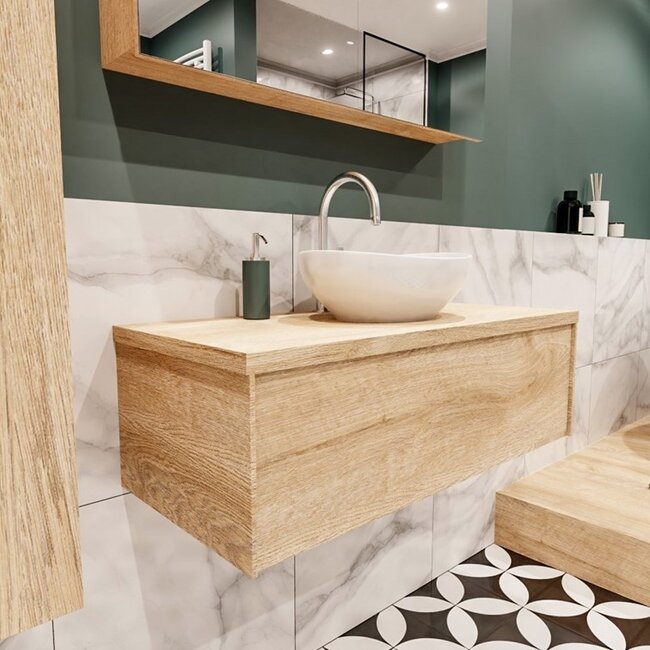 MONDIAZ LUSH badkamermeubel 100cm met waskom – midden - eikenlook, 1 lade  kraangat optie