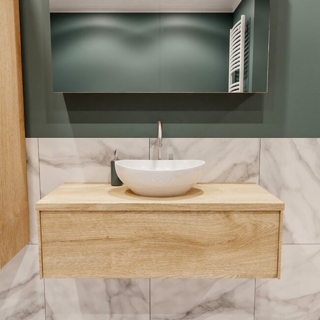 MONDIAZ LUSH badkamermeubel 100cm met waskom – midden - eikenlook, 1 lade  kraangat optie