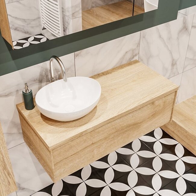 MONDIAZ LUSH badkamermeubel 100cm met waskom –links - eikenlook, 1 lade  kraangat optie