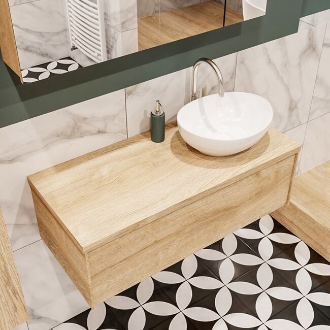 MONDIAZ LUSH badkamermeubel 100cm eikenlook met waskom –rechts -  1 lade  kraangat optie