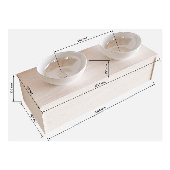MONDIAZ eiken  houtlook badkamermeubel 120cm met waskommen, 1 lade  kraangat optie