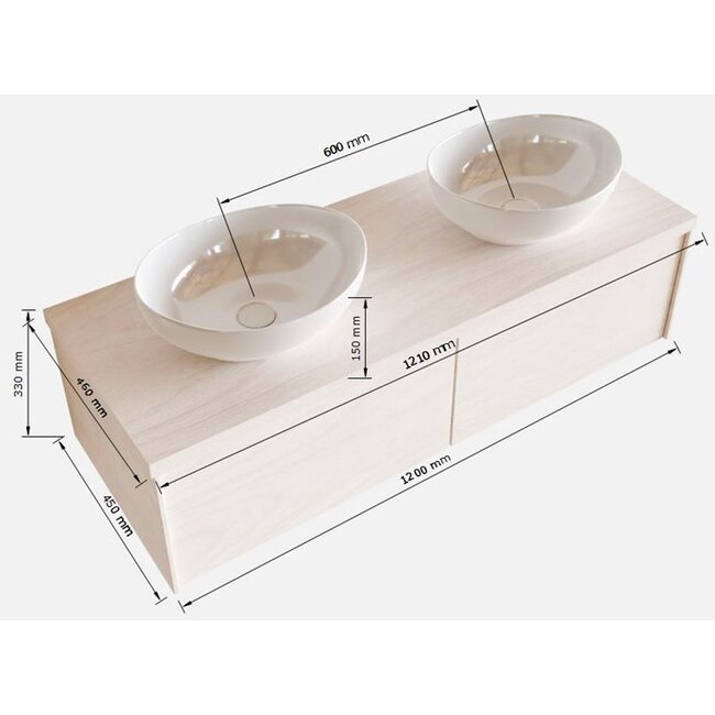 MONDIAZ eiken  houtlook badkamermeubel 120cm 2 lades met waskommen, kraangaten optie