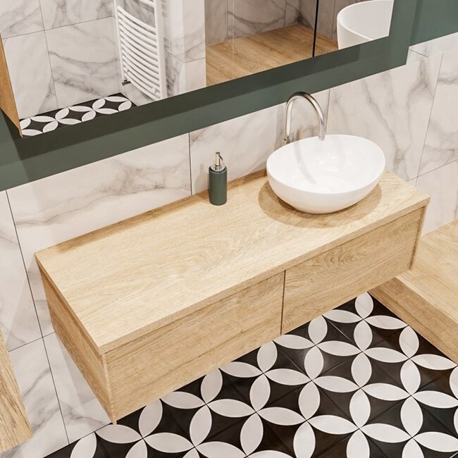 MONDIAZ LUSHbadkamermeubel houtlook 120cm met waskom recht - 2 lades - kraangat optie