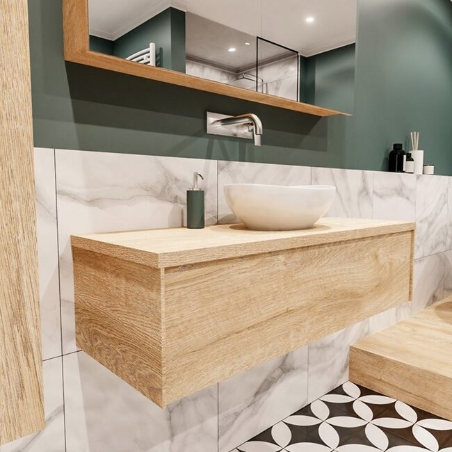 MONDIAZ LUSH badkamermeubel hout look 120cm met waskom –Midden-  1 lade  kraangat optie