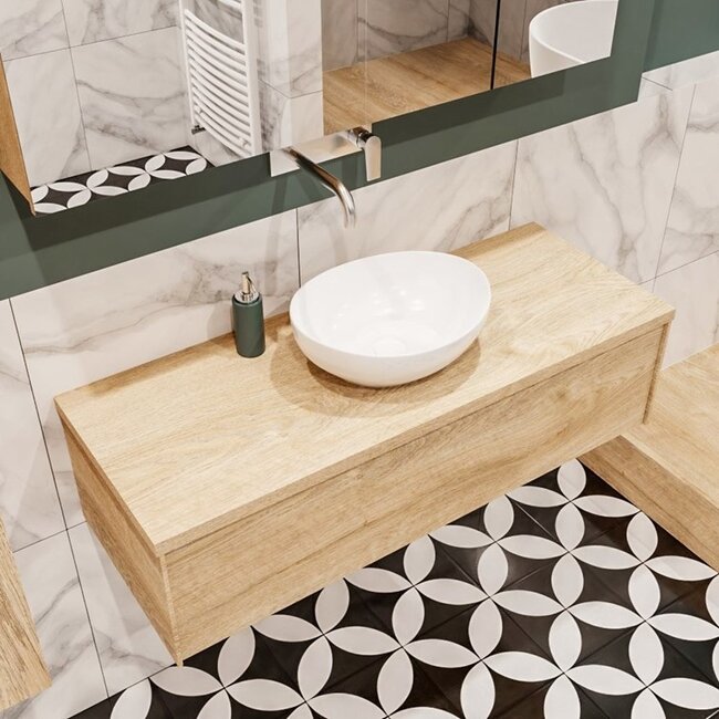 MONDIAZ LUSH badkamermeubel hout look 120cm met waskom –Midden-  1 lade  kraangat optie