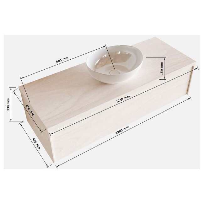 MONDIAZ LUSH badkamermeubel hout look 120cm met waskom –Midden-  1 lade  kraangat optie