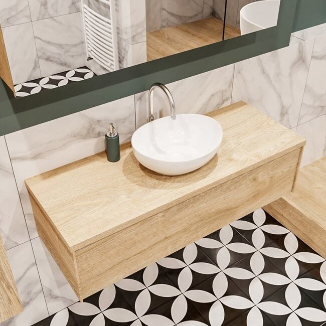 MONDIAZ LUSH badkamermeubel hout look 120cm met waskom –Midden-  1 lade  kraangat optie