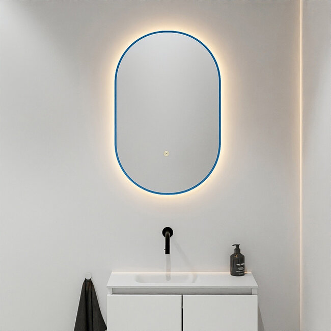 MONDIAZ GLOW spiegel ovaal met LED verlichting rondom. & inclusief bewegingsensor - in kleur Blauw - 90 x45 x2,8 cm