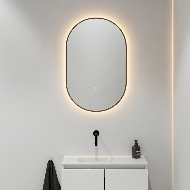 MONDIAZ GLOW spiegel ovaal met LED verlichting rondom. & inclusief bewegingsensor - in kleur Bruin - 90 x45 x2,8 cm