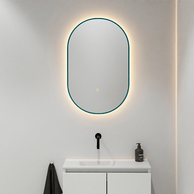 MONDIAZ GLOW spiegel ovaal met LED verlichting rondom. & inclusief bewegingsensor - in kleur Turquoise - 90 x45 x2,8 cm