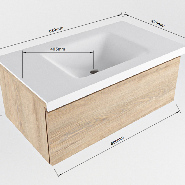 MONDIAZ   badkamermeubel 80cm met wastafel eiken look 1 lade