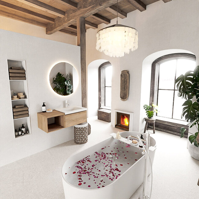 MONDIAZ   badkamermeubel 100cm met wastafel rechts Washed Oak met 1 lade met kraangat .