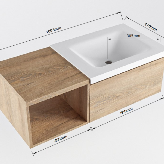 MONDIAZ   badkamermeubel 100cm met wastafel rechts Washed Oak met 1 lade met kraangat .