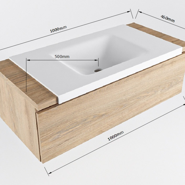 MONDIAZ   badkamermeubel 100cm met wastafel houtlook eiken met 1 lade.