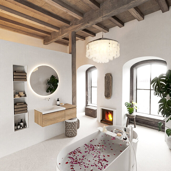 MONDIAZ   badkamermeubel 100cm met wastafel links houtlook eiken met 2 lades.